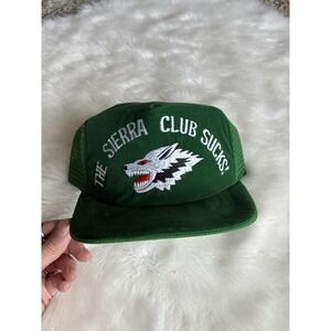 RARE VINTAGE trucker Hat The Sierra Club Sucks Wolf Hat Green SnapBack